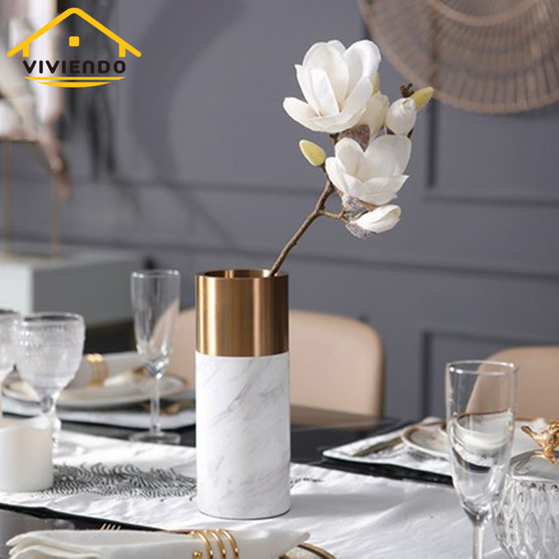 Viviendo Decorative Gold Peak Flower Vase in Aluminium & Marble Stone - Small