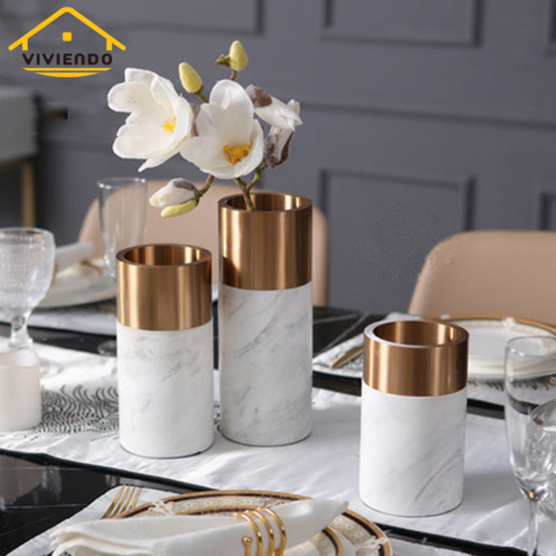 Viviendo Decorative Gold Peak Flower Vase in Aluminium & Marble Stone - Medium