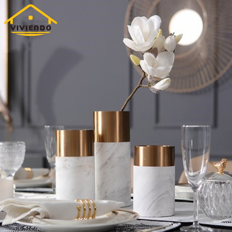 Viviendo Decorative Gold Peak Flower Vase in Aluminium & Marble Stone - Medium