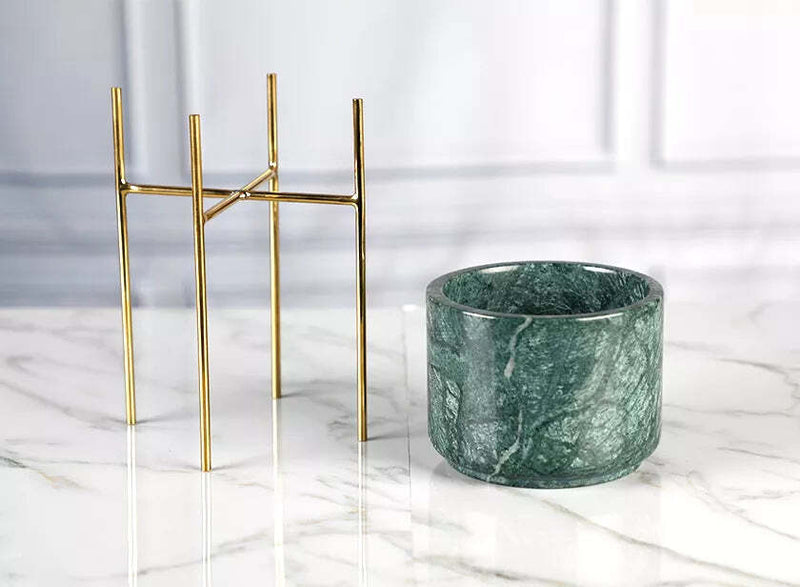 Viviendo Premium Marble Stone Flower Vase with Gold Stand in White - Small