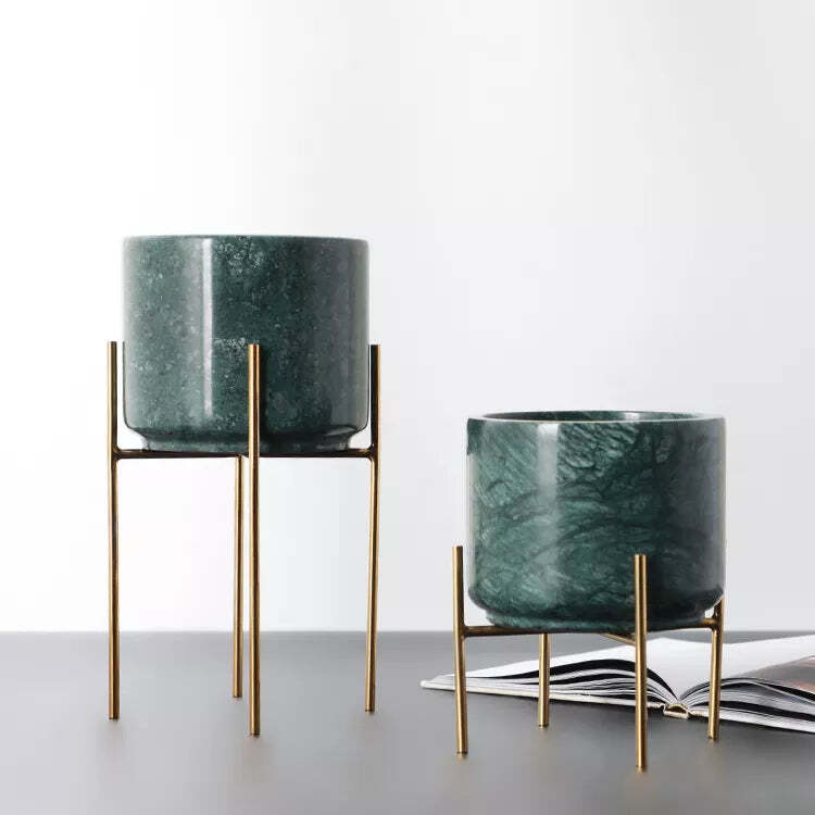 Viviendo Premium Marble Stone Flower Vase with Gold Stand in White - Small