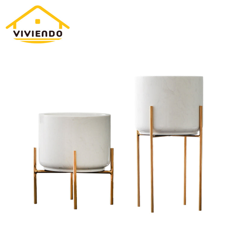 Viviendo Premium Marble Stone Flower Vase with Gold Stand in White - Small