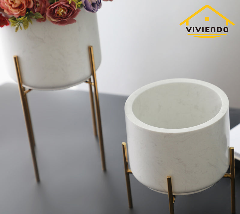 Viviendo Premium Marble Stone Flower Vase with Gold Stand in White - Large