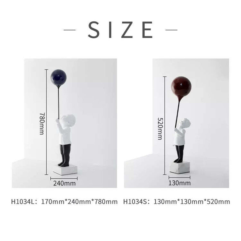 Viviendo Child With Balloon Statue Ornament in Marble Stone, Resin & Stainless Steel - Red & White