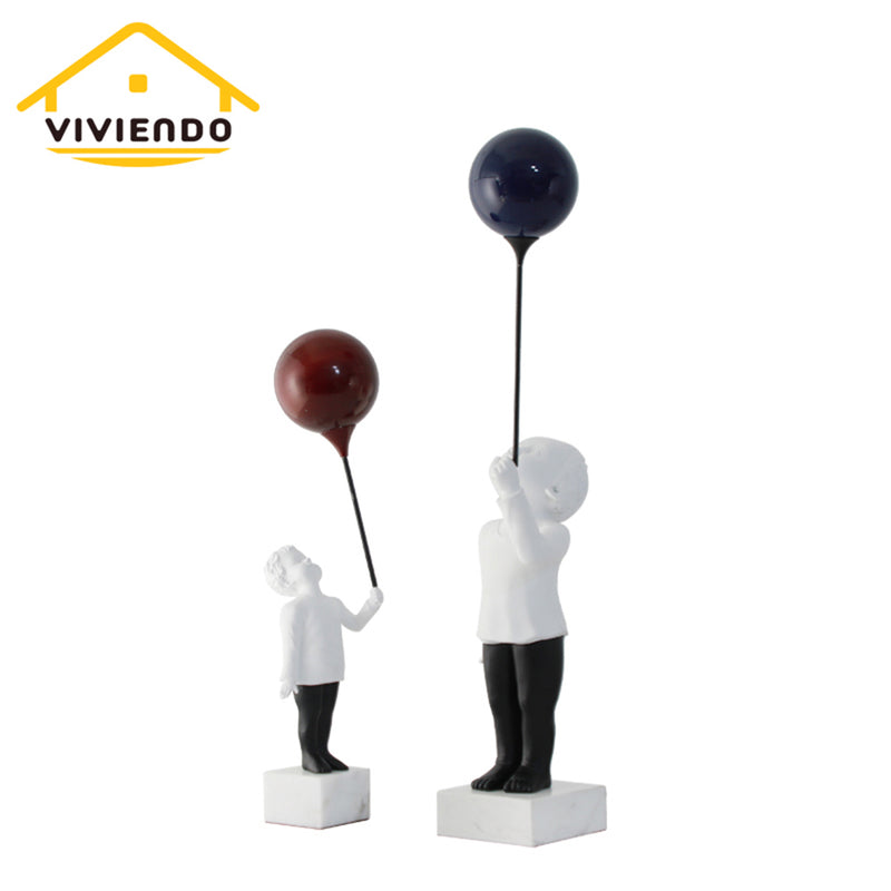 Viviendo Child With Balloon Statue Ornament in Marble Stone, Resin & Stainless Steel - Red & White