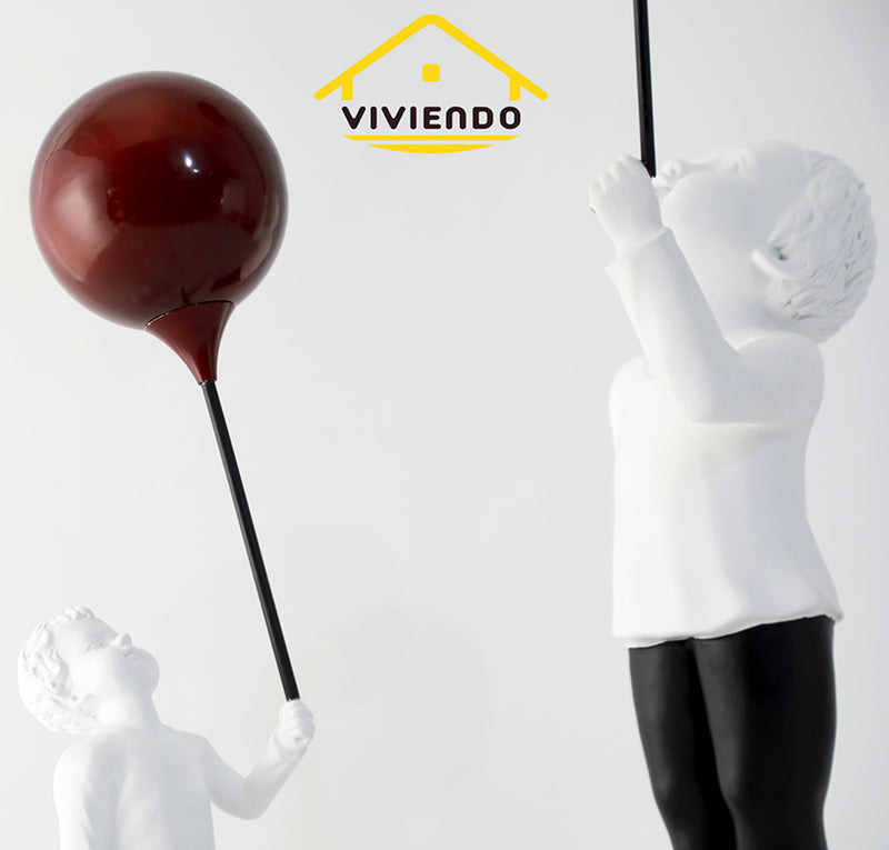 Viviendo Child With Balloon Statue Ornament in Marble Stone, Resin & Stainless Steel - Red & White