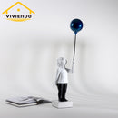 Viviendo Child With Balloon Statue Ornament in Marble Stone, Resin & Stainless Steel - Blue & White