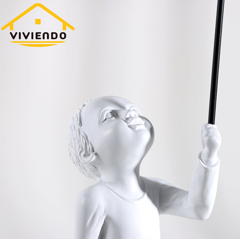 Viviendo Child With Balloon Statue Ornament in Marble Stone, Resin & Stainless Steel - Blue & White