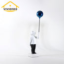 Viviendo Child With Balloon Statue Ornament in Marble Stone, Resin & Stainless Steel - Blue & White