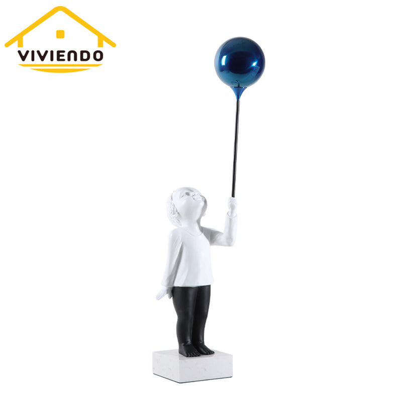 Viviendo Child With Balloon Statue Ornament in Marble Stone, Resin & Stainless Steel - Blue & White