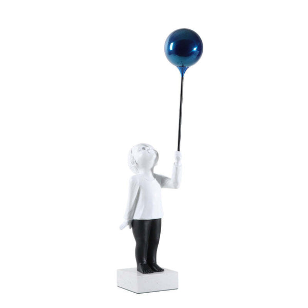 Viviendo Child With Balloon Statue Ornament in Marble Stone, Resin & Stainless Steel