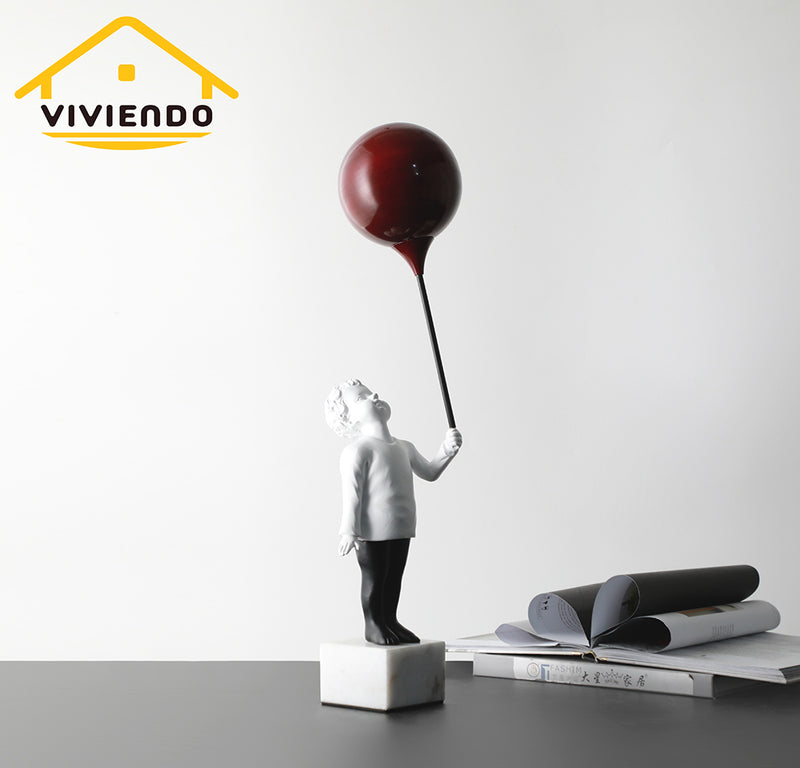 Viviendo Child With Balloon Statue Ornament in Marble Stone, Resin & Stainless Steel - Red & White