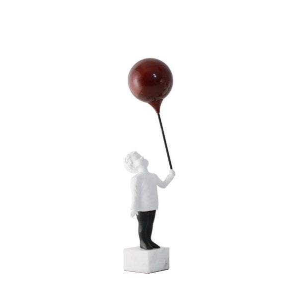 Viviendo Child With Balloon Statue Ornament in Marble Stone, Resin & Stainless Steel - Red & White
