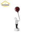 Viviendo Child With Balloon Statue Ornament in Marble Stone, Resin & Stainless Steel - Red & White