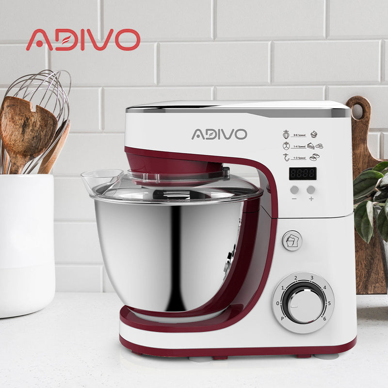 ADIVO 1300W Electric Stand Mixer 6 Speed 5L Kitchen Timer LED Whisk Cake Bowl