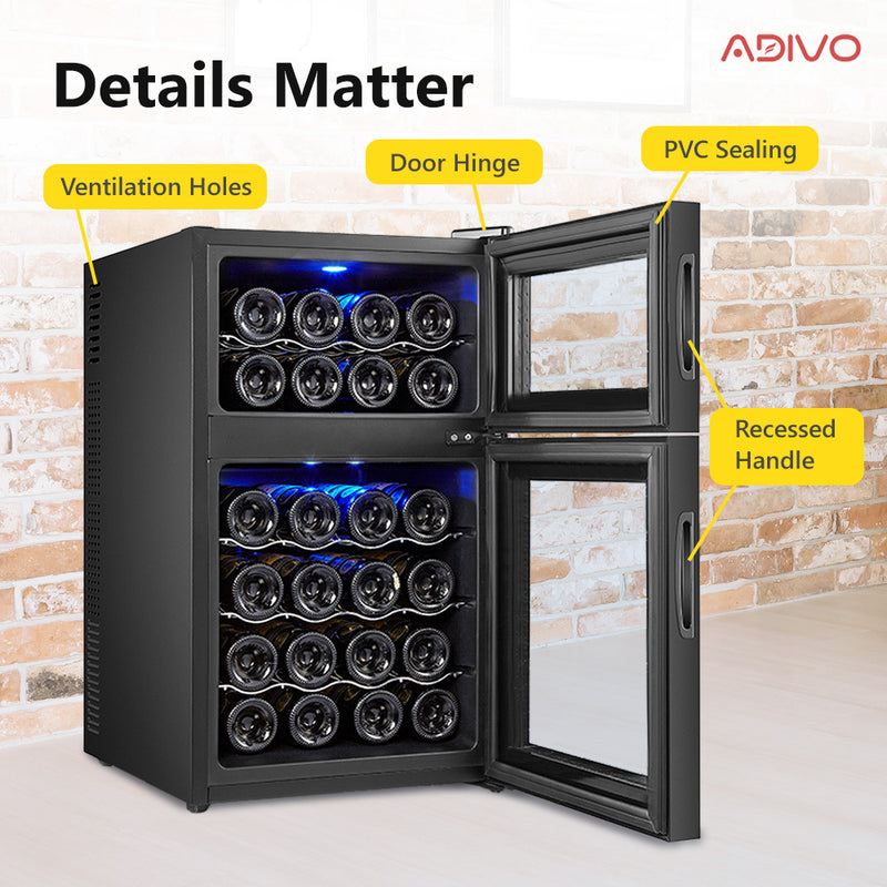 ADIVO 24 Bottle Dual Zone Wine Cooler Fridge Compressor Cellar Chiller Black