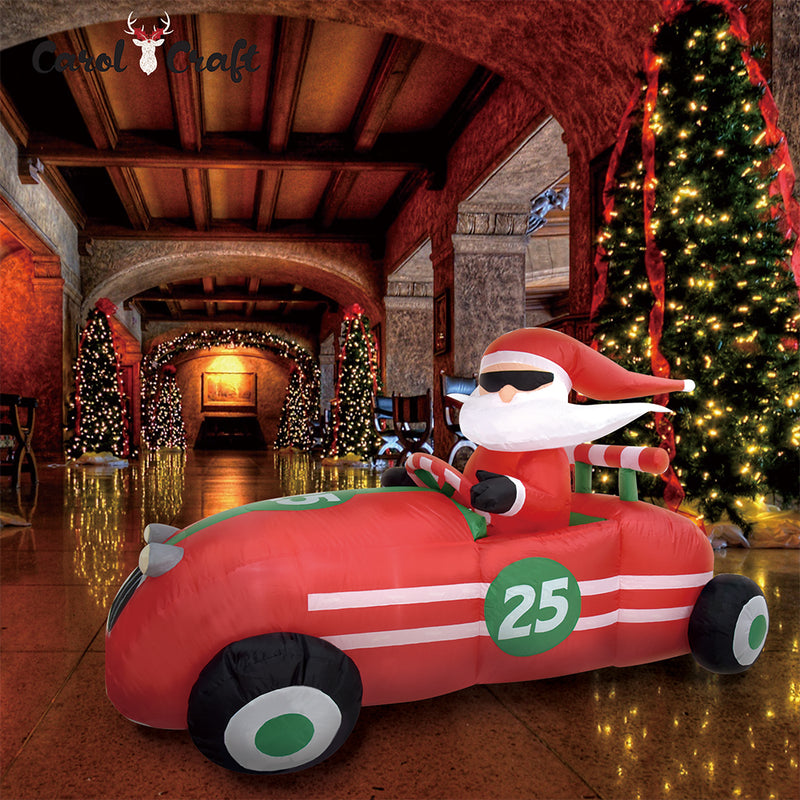 CarolCraft Christmas Inflatable Santa in Racing Car Lighted Weighted LED Light