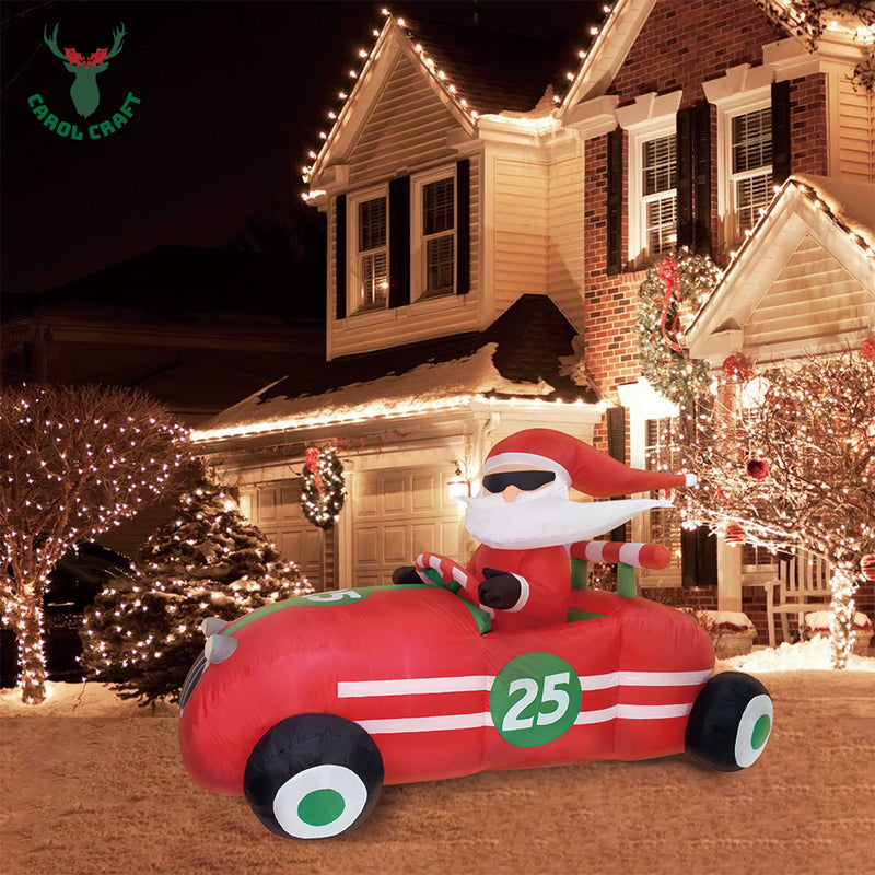 CarolCraft Christmas Inflatable Santa in Racing Car Lighted Weighted LED Light