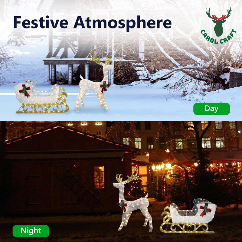 CarolCraft Christmas Lights 215 LED Fairy Light Reindeer Sledge Outdoor Home Decorations 3D