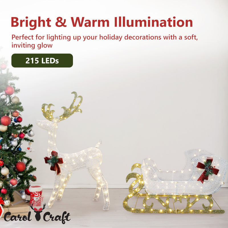 CarolCraft Christmas Lights 215 LED Fairy Light Reindeer Sledge Outdoor Home Decorations 3D