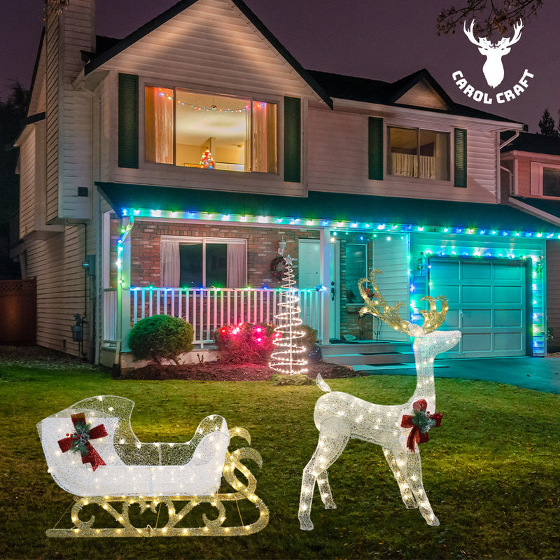 CarolCraft Christmas Lights 215 LED Fairy Light Reindeer Sledge Outdoor Home Decorations 3D