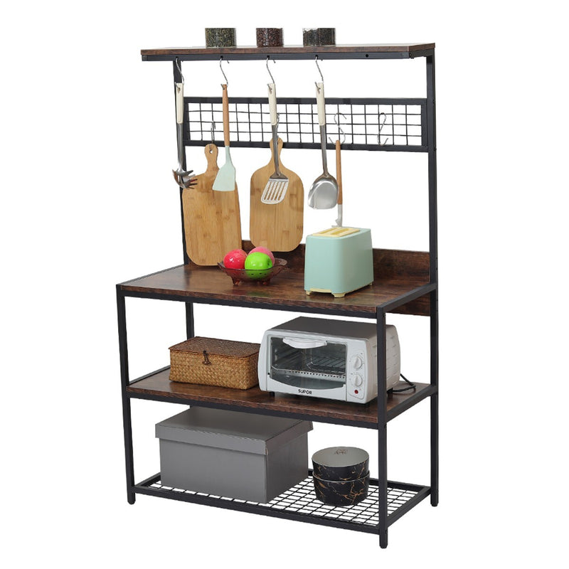 Viviendo Kitchen Bakers Rack with Storage Shelves Microwave Oven Utensils Shelf with Hooks - Industrial Style