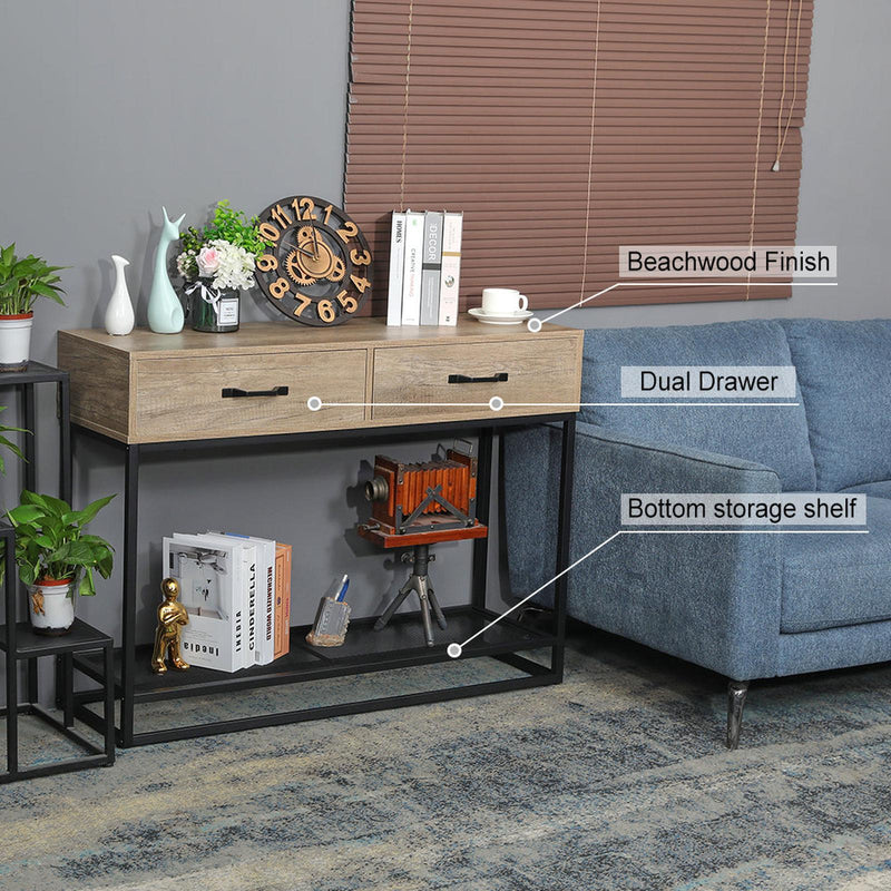 Viviendo 110cm Hallway Table Console with Drawers and Metal Mesh Shelf in Beachwood finish