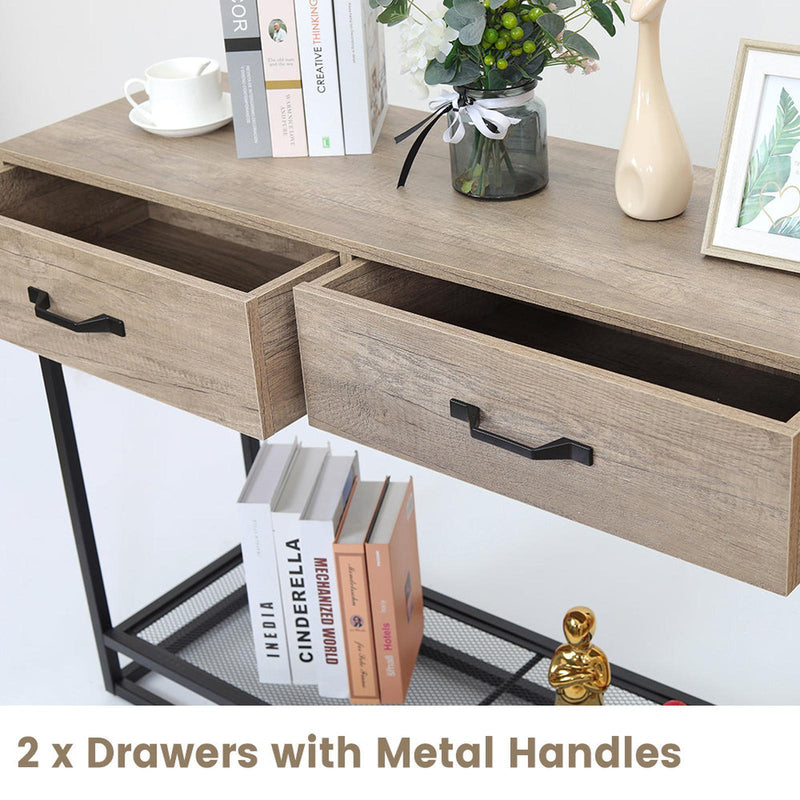Viviendo 110cm Hallway Table Console with Drawers and Metal Mesh Shelf in Beachwood finish