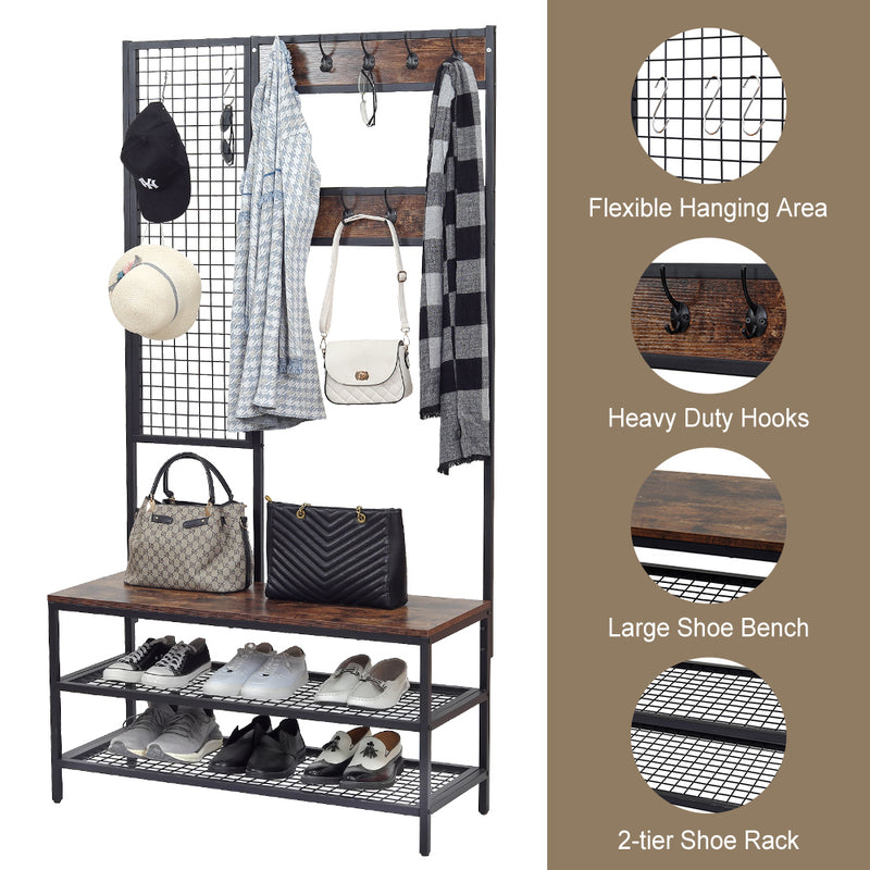 Viviendo Coat Clothes Rack Shoe Storage Bench with Grid Wall and Hooks in Industrial Style