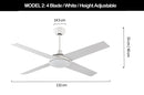 Viviendo 52 Inch 4 Blade Whisper AC Ceiling Fan with 3 Speed Remote Control - White