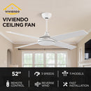 Viviendo 52 Inch 4 Blade Whisper AC Ceiling Fan with 3 Speed Remote Control - White