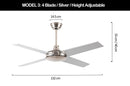 Viviendo 52 Inch 4 Blade Whisper AC Ceiling Fan with 3 Speed Remote Control - Silver