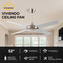 Viviendo 52 Inch 4 Blade Whisper AC Ceiling Fan with 3 Speed Remote Control - Silver