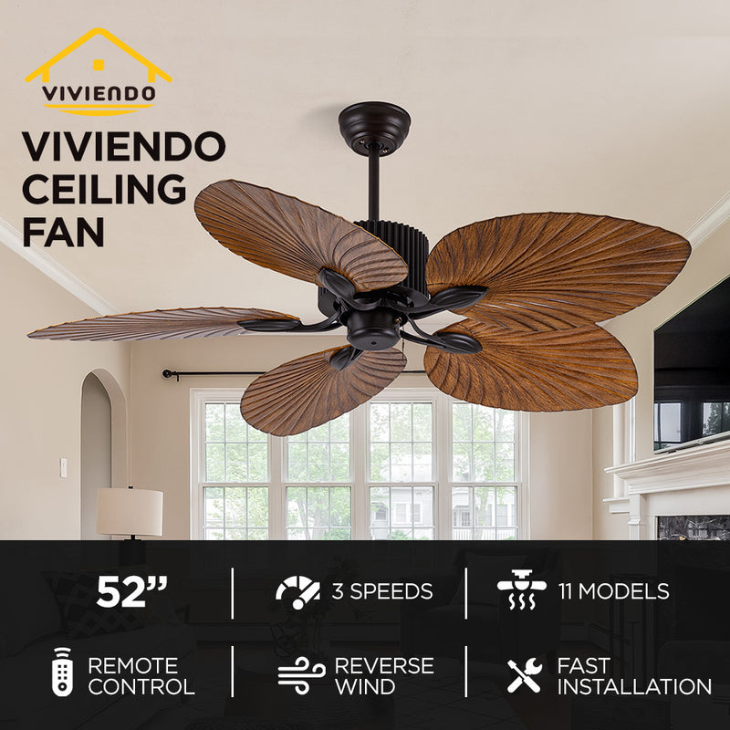 Viviendo 52 Inch 5 Blade Whisper AC Petal Ceiling Fan with 3 Speed Remote Control - Brown