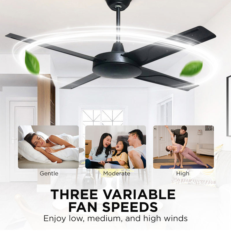 Viviendo 52 Inch 3 Blade Whisper AC Ceiling Fan with LED Light with 3 Speed Remote Control - Black