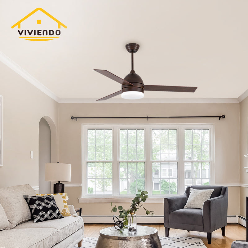 Viviendo 52 Inch 3 Blade Whisper AC Ceiling Fan with LED Light with 3 Speed Remote Control - Brown