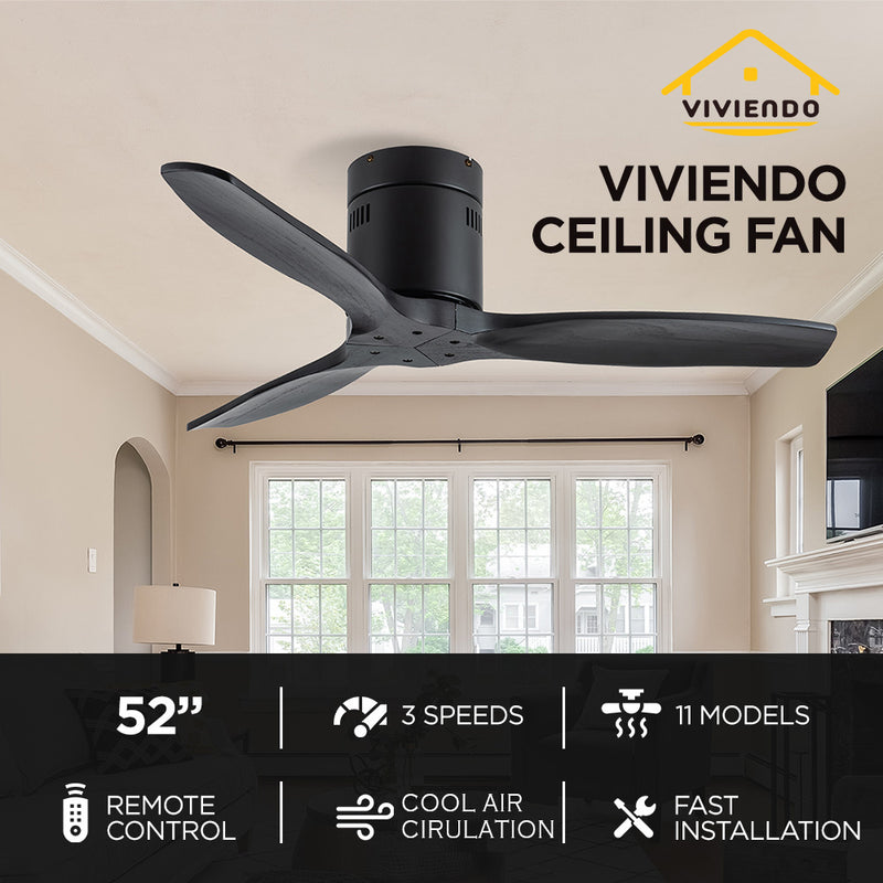 Viviendo 52 Inch 3 Solid Wood Blade Whisper AC Ceiling Fan with 3 Speed Remote Control - Black