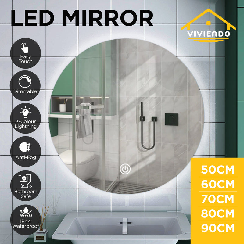 Viviendo LED Wall Round Mirror Anti-fog Bathroom Mirrors Makeup Light 50/60/70/80/90cm