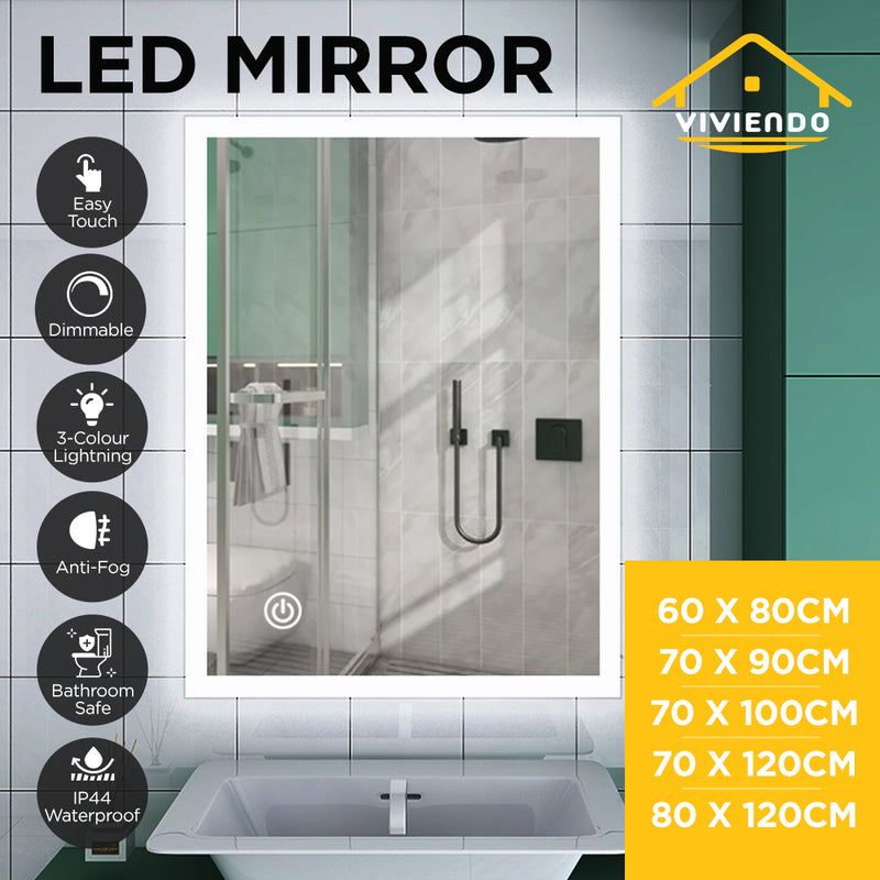 Viviendo LED Bathroom Rectangular Vanity Mirror Light Dimmable Anti-Fog Wall Mounted Touch switch Mirror Light - 70 x 90cm