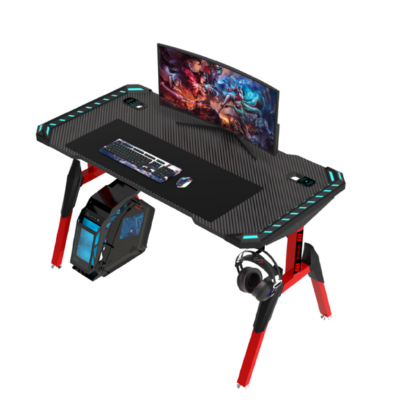 Odyssey8 1.4m Gaming Desk Office Table Desktop with LED Feature Light and USB & Wireless Charger - Red