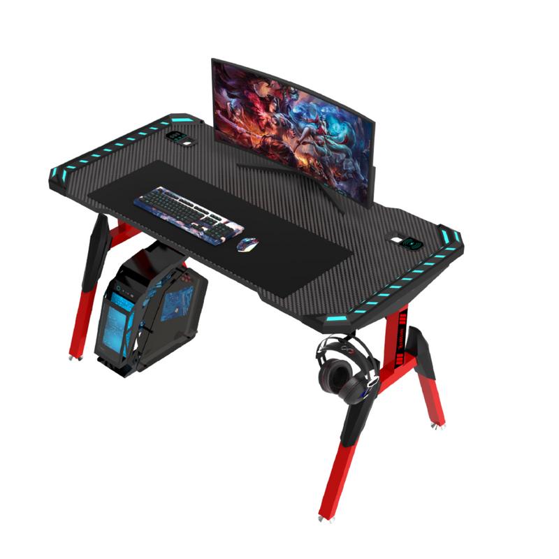 Odyssey8 1.4m Gaming Desk Office Table Desktop with LED Feature Light and USB & Wireless Charger - Red