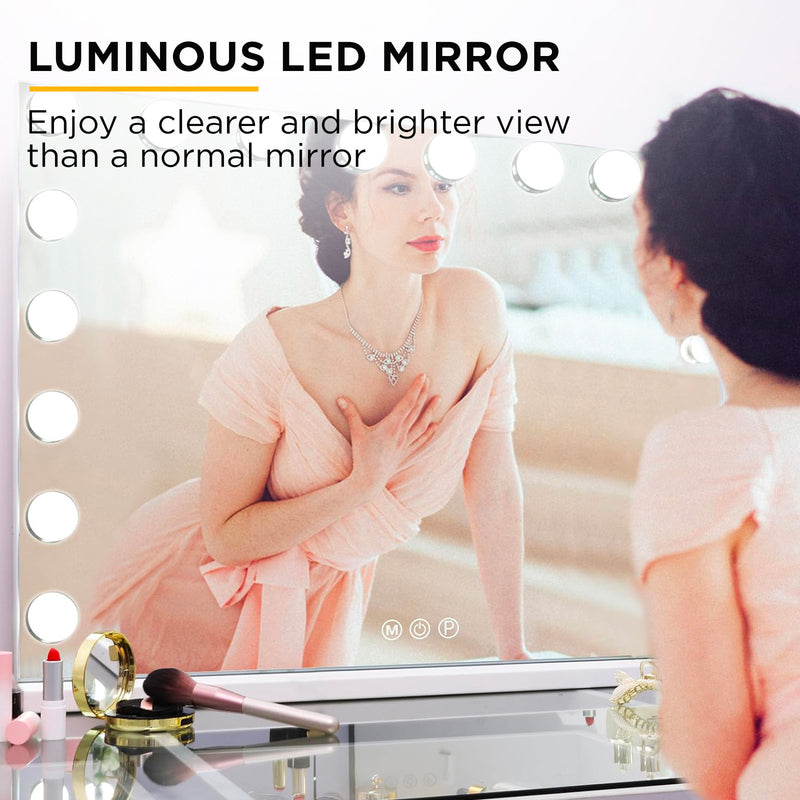 Viviendo Hollywood LED Lighted Makeup Mirror with Dimmable Bulbs, Tabletop or Wall-Mounted, White