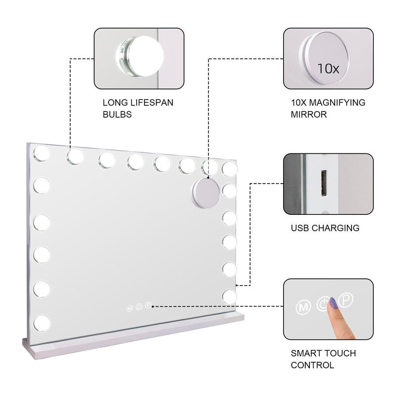 Viviendo Hollywood LED Lighted Makeup Mirror with Dimmable Bulbs, Tabletop or Wall-Mounted, White