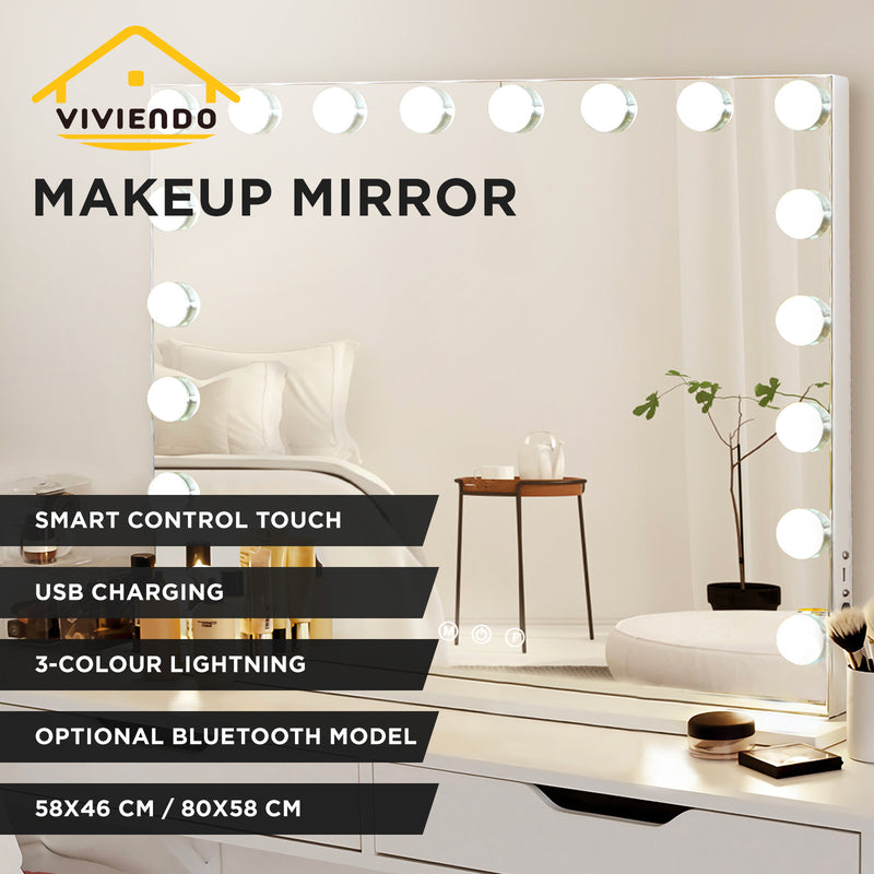 Viviendo Hollywood LED Lighted Makeup Mirror with 15 Dimmable Bulbs Bluebooth Speaker, Tabletop or Wall-Mounted, White