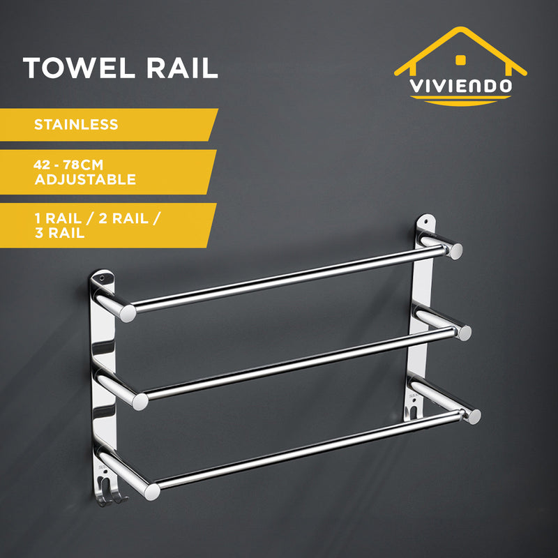 Viviendo Stylish Stainless Steel Adjustable Bathroom Towel Rack Rail Holder with Hooks