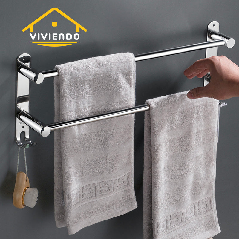 Viviendo Stylish Stainless Steel Adjustable Bathroom Towel Rack Rail Holder with Hooks