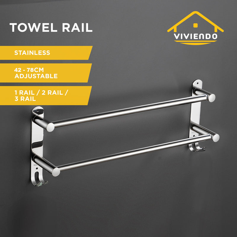 Viviendo Stylish Stainless Steel Adjustable Bathroom Towel Rack Rail Holder with Hooks  2 Tiers