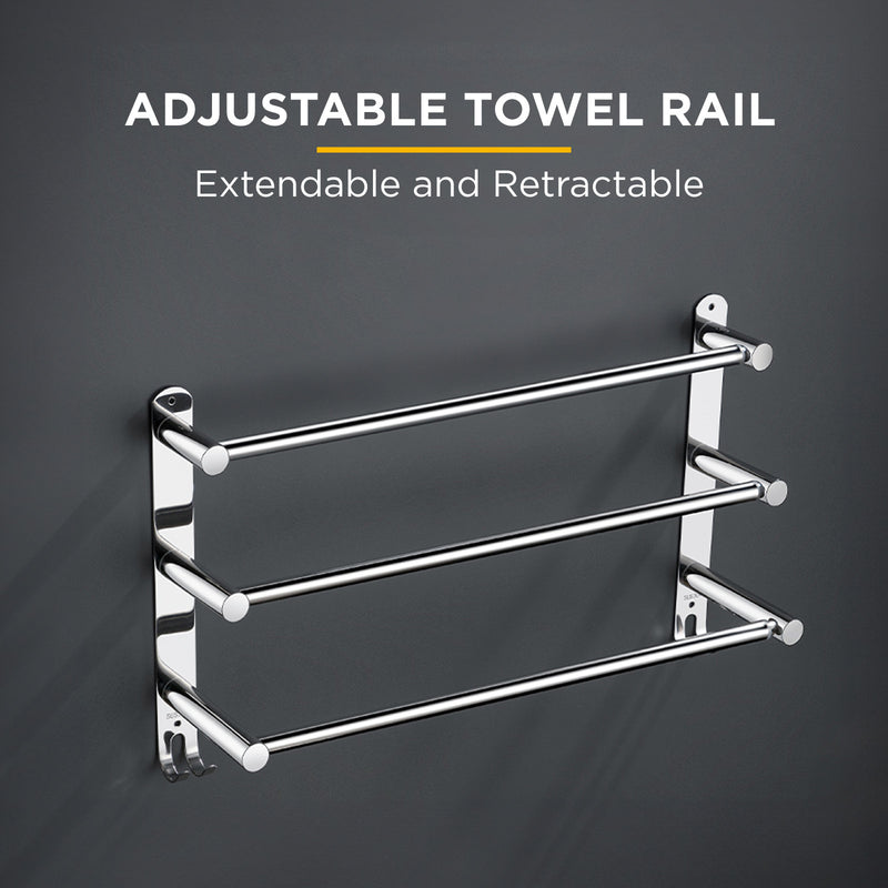 Viviendo Stylish Stainless Steel Adjustable Bathroom Towel Rack Rail Holder with Hooks  3 Tiers