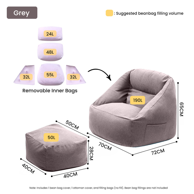 Viviendo Bean Bag Chair Armrest Ottoman Lounger Cover Lazy Sofa Kids