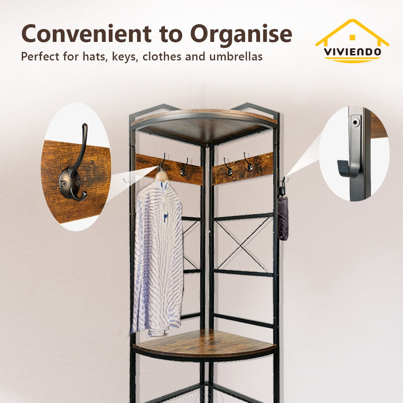 Viviendo 4-Tier Corner Shelf Display Storage Bookcase Coat Shelves with Hooks